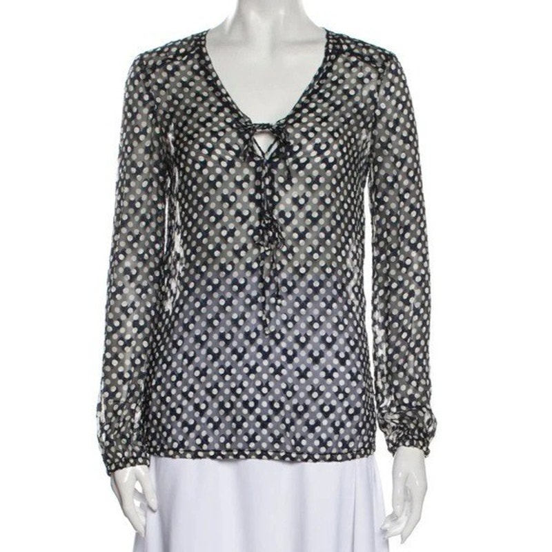 #472 Tory Burch - 100% Silk Sheer Polka Dot Navy & White Blouse